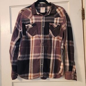 Levi’s Men's Shirt, Flannel Pearl Snap Button Black, Red Plaid, XL EUC Western